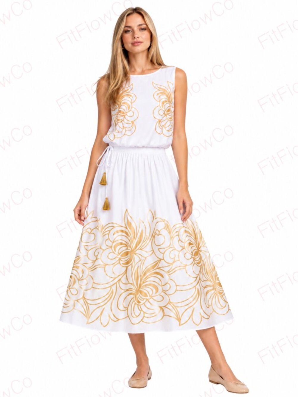 Avec Les Filles 2 Piece White Gold Floral Top Midi Skirt Set S NWT
